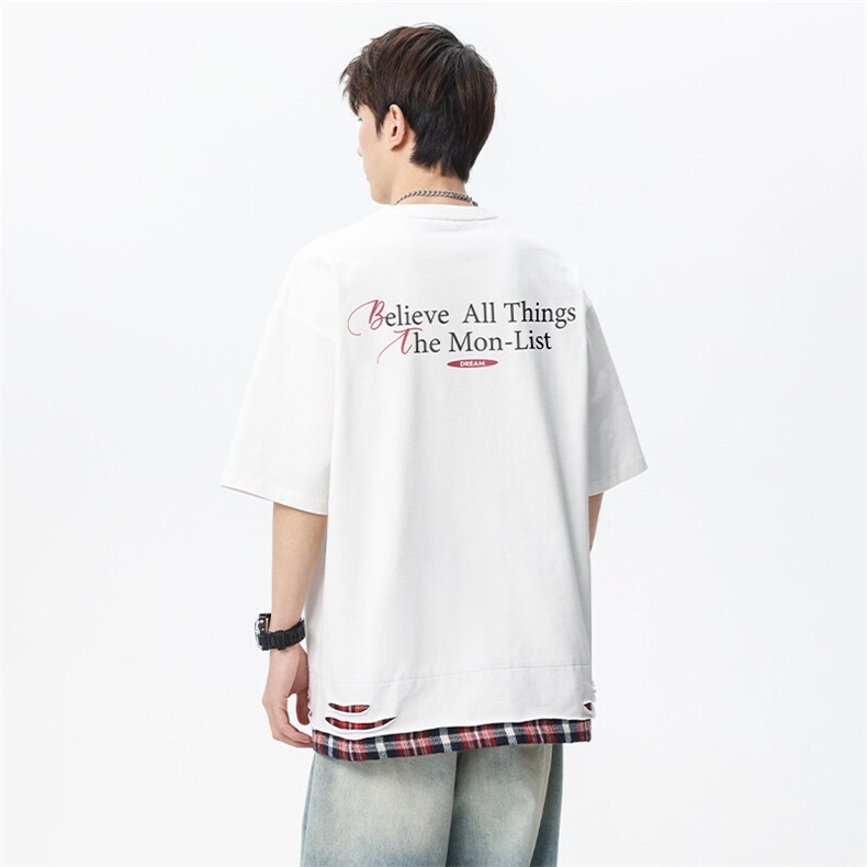 2025美式复古破洞设撞色拼接格宽松圆领短袖T恤TC31109RK02-P26,男装T恤,星座717