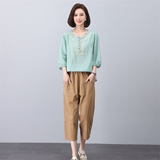 2023夏季苎麻刺绣时尚简约大方气质优雅纯色休闲透气两件套，女装套装/套裙，独衣靓