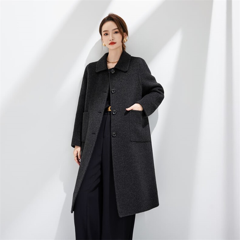 秋冬季90%羊毛5%牦牛绒翻领简约优雅修身双面呢大衣，女装双面呢大衣，阿吉丽克