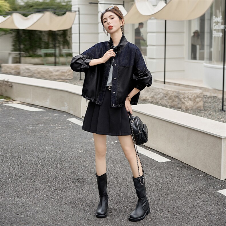 海宁皮衣牛仔拼接立领外套女2025秋新款宽松休闲百搭时尚夹克上衣,女装皮衣,美拉德工厂直营店