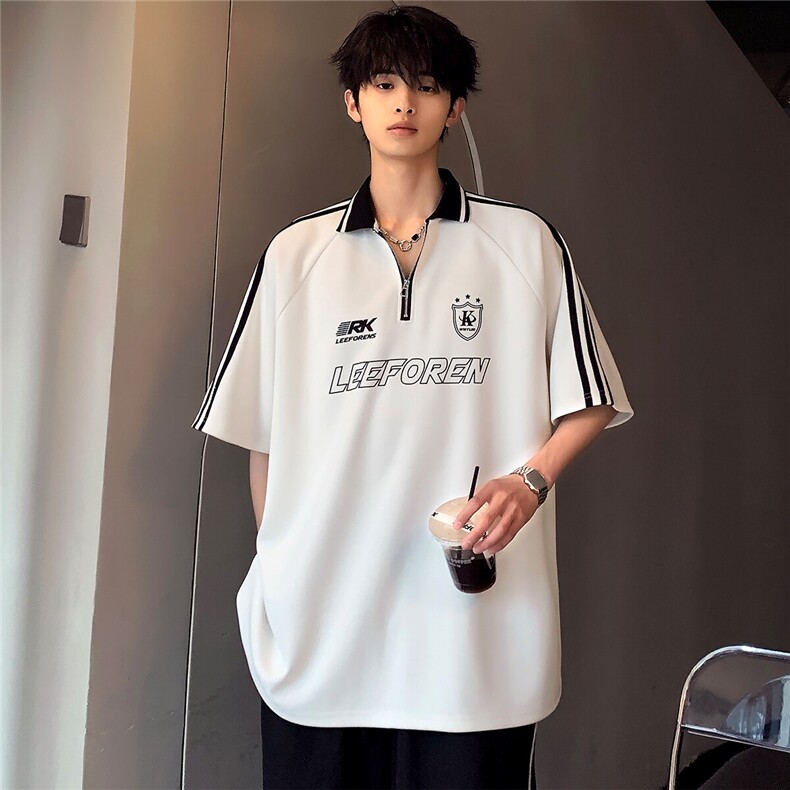 翻领复古美式插肩袖条杠潮牌印花半拉链POLO衫夏季T恤T906-P38,男装T恤,电商C307