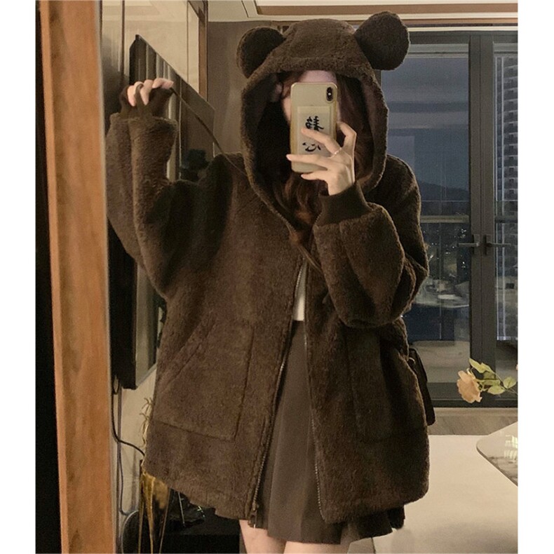 A207-P115 小熊耳朵连帽毛毛外套秋冬夹棉羊羔毛学院风拉链棉服图片