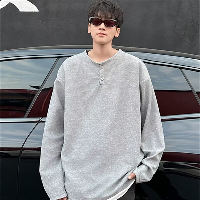 T428-P36假两件亨利领长袖t恤男款2025春秋新款重磅内搭打底衫,男装T恤,电商B323A