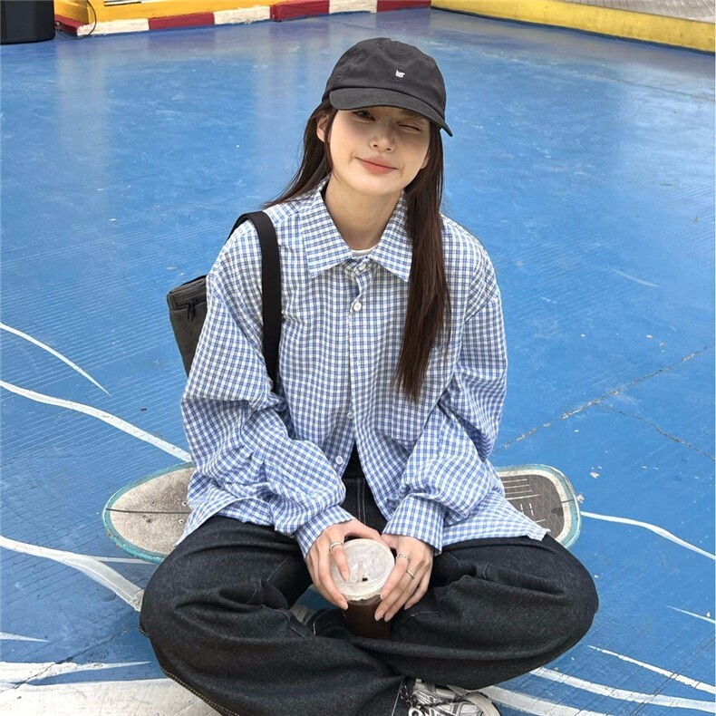 夏日韩版格子蓝色衬衫女宽松男友风衬衣宽松显瘦防晒开衫垂感外套,男装防晒衣,星座1210-1