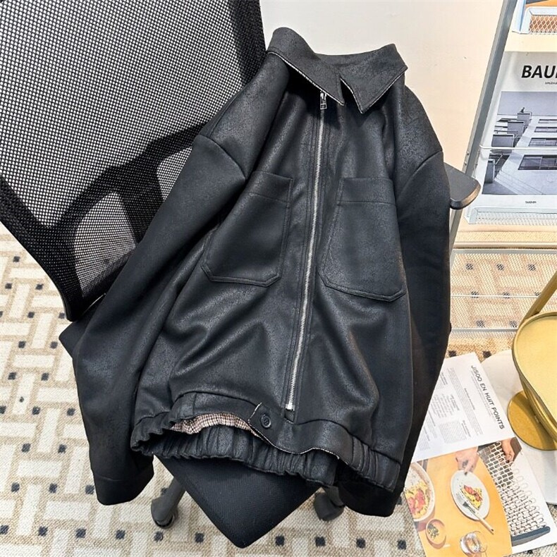 美式复古千鸟格PU皮夹克外套男春秋cleanfit痞帅高级感短款机车服,男装皮衣,星座601-1