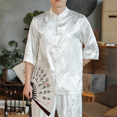 新中式衬衫男风男装汉服大码龙纹盘扣道袍短袖开衫CS513P35，男装衬衫，钱塘788(原4013)