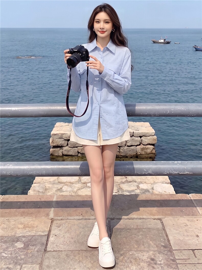 女款春秋新款设计感纯色翻领百搭单排扣宽松时尚简约小个子衬衣潮,女装衬衫,江南