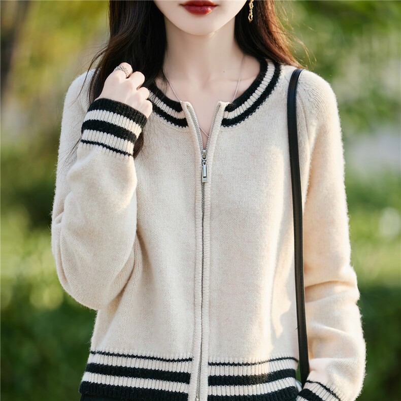 100%纯羊毛开衫女圆领拼色双拉链针织毛衣外套宽松羊绒衫长袖上衣，女装羊毛衫，蒙特羊绒