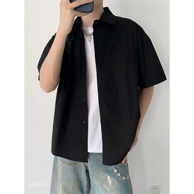 纯色冰丝凉感衬衫男春夏季潮牌美式高街宽松垂感休闲短袖衬衣外套，男装衬衫，电商A486