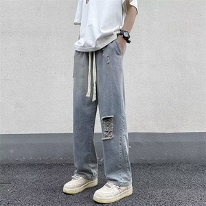 春季复古牛仔直筒裤vibe高街抽绳潮牌男休闲百搭长裤N02227-P42图片