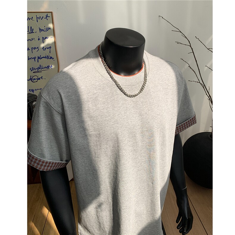 主推美式格子翻边设计短袖T恤双层撞色圆领体恤衫男H1088特P30,男装T恤,电商A341