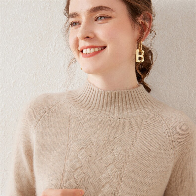 新款半高领羊绒衫女宽松软糯针织打底衫秋冬加厚纯山羊绒毛衣，女装羊绒衫，轩妮羊绒