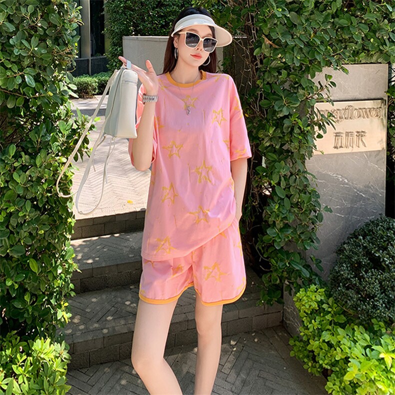女夏季新款时尚运动休闲套装宽松显瘦减龄星星印花短袖短裤两件套,女装套装/套裙,江南