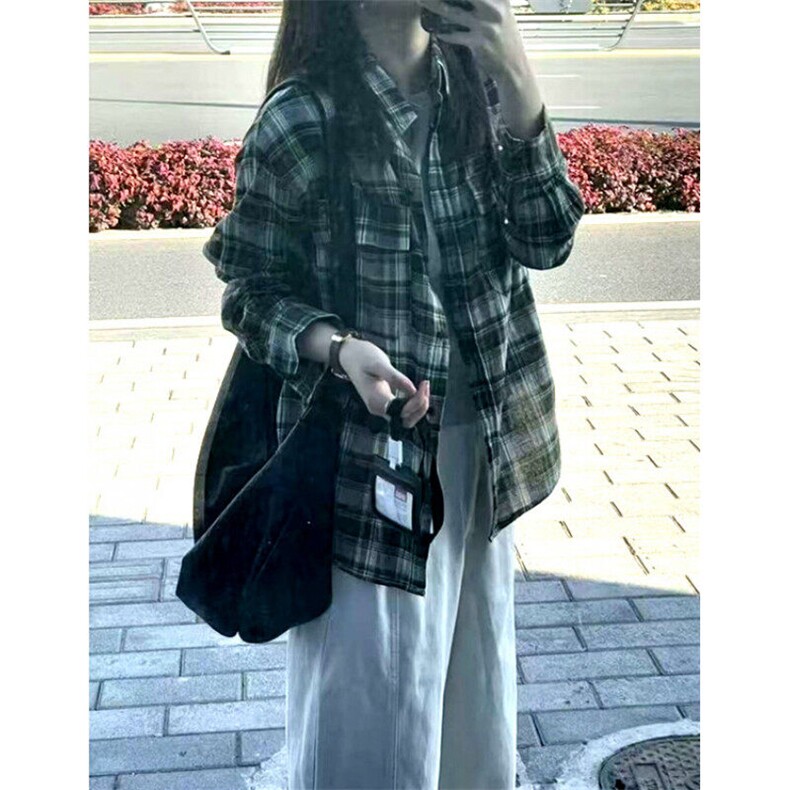 春季慵懒风绿色格子衬衣男女休闲衬衫宽松显瘦长袖上衣CA298,男装衬衫,星座1116A（原606A-3）