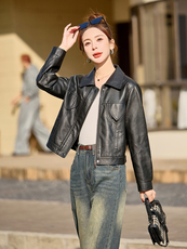 显瘦修身翻领PU皮衣外套女2025新款春秋短款超好看机车服夹克，女装皮衣，缘衣格