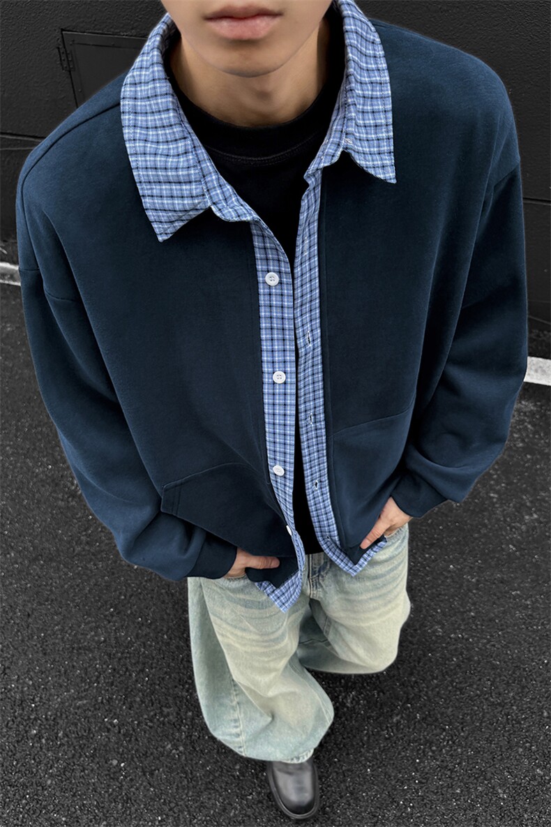重磅华棉420g假两件男宽松格子拼接痞帅卫衣外套W5436-特P48控88,女装短外套,电商A001