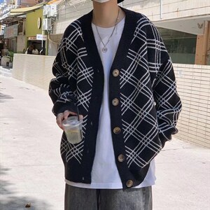 美式复古格纹开衫毛衣男秋季潮牌日系慵懒风宽松情侣款针织衫上衣，男装针织衫/毛衣，星座1116-2