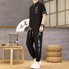 风夏季两件套男士冰丝宽松短袖套装民族男装汉服，男装T恤，星座1206（原A206）