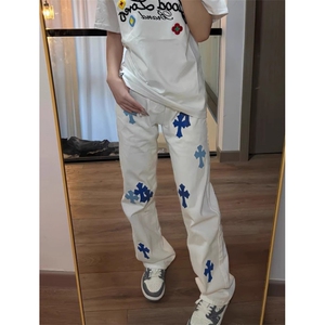 网红复古刺绣经典贴皮十字架白色牛仔裤男女宽松直筒长裤 K32图片