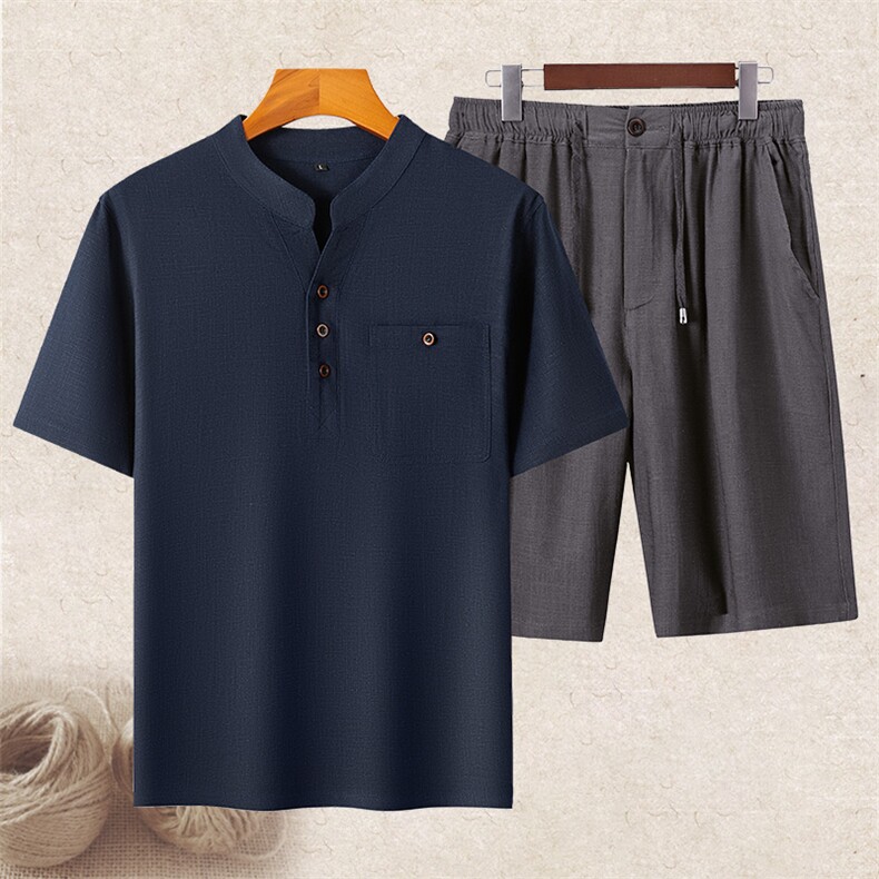 主推608/808夏男风亚麻短袖T恤套装中老年爸爸装亚麻套装，男装T恤，钱塘723
