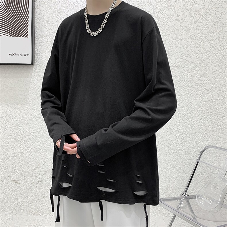 230G春季新款纯色百搭T恤男宽松纯棉破洞内搭长袖打底衫CT904P35,男装T恤,星座301C-5