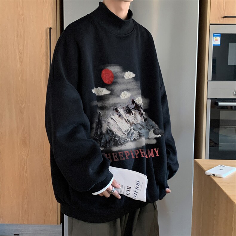 加绒加厚高领卫衣油画印花落肩袖情侣款打底衫男XZ514-2-G83-P48,男装T恤,星座514-2(原B239)