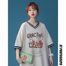 中性春夏新款宽松复古卡通印花撞色螺纹短袖T恤女T6878P40控58，男装T恤，电商A268