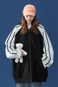 中性 秋季潮流拼接撞色宽松连帽开衫卫衣 B100JR  P55控78加绒P65图片