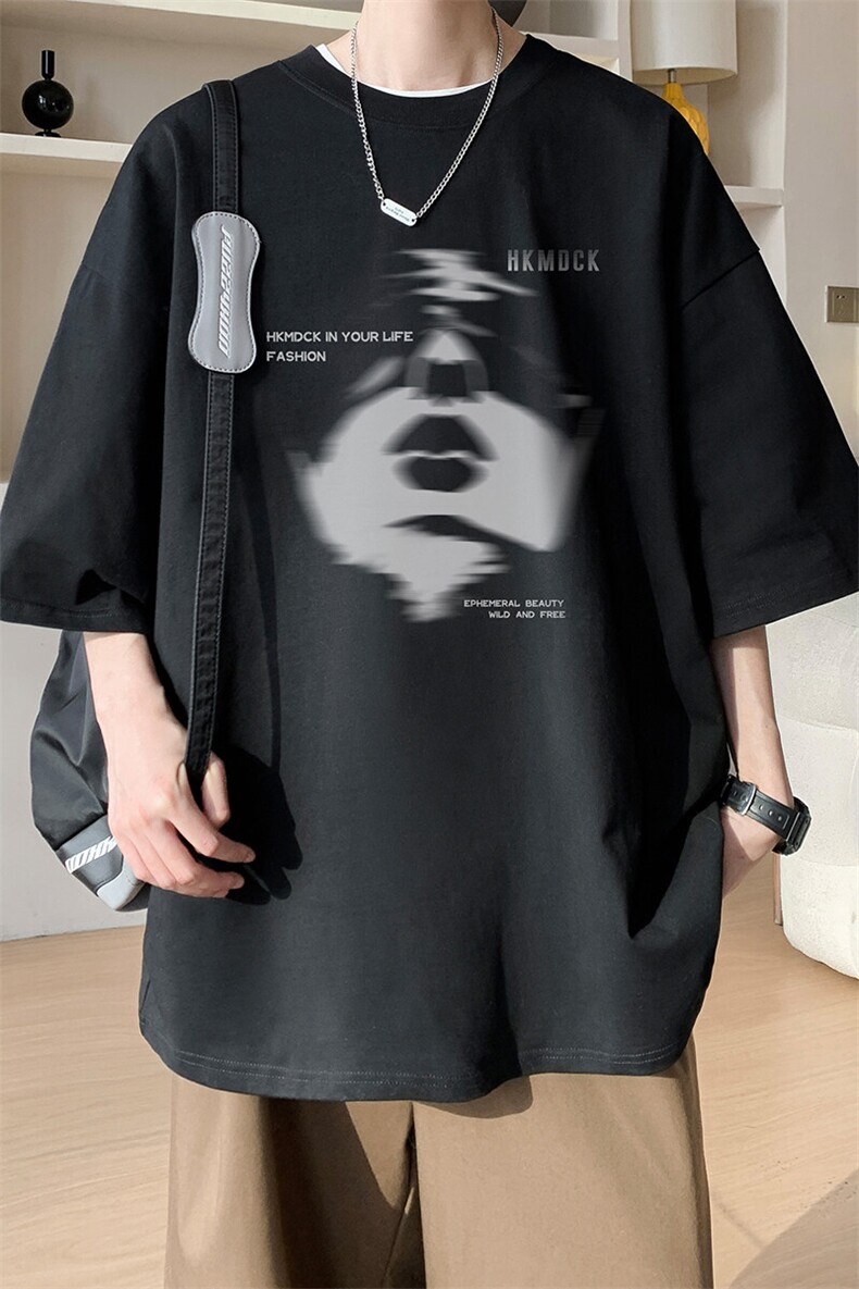 图案已注册夏季设计感人脸印花短袖T恤男宽松半袖打底衫D016/P25,男装T恤,电商B209