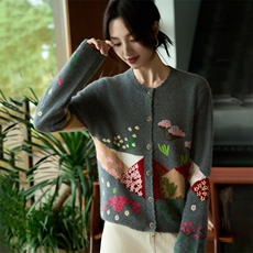 2025年秋季时尚百搭通勤简约休闲重工刺绣花朵开衫，女装羊毛衫，暖烁羊绒