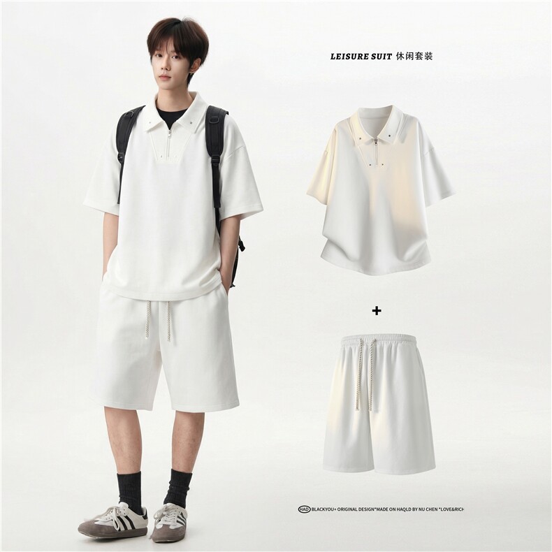 oversize宽松半拉链polo短袖舒适简约抽绳短裤套装T926P55控88，男装牛仔裤，电商A102B