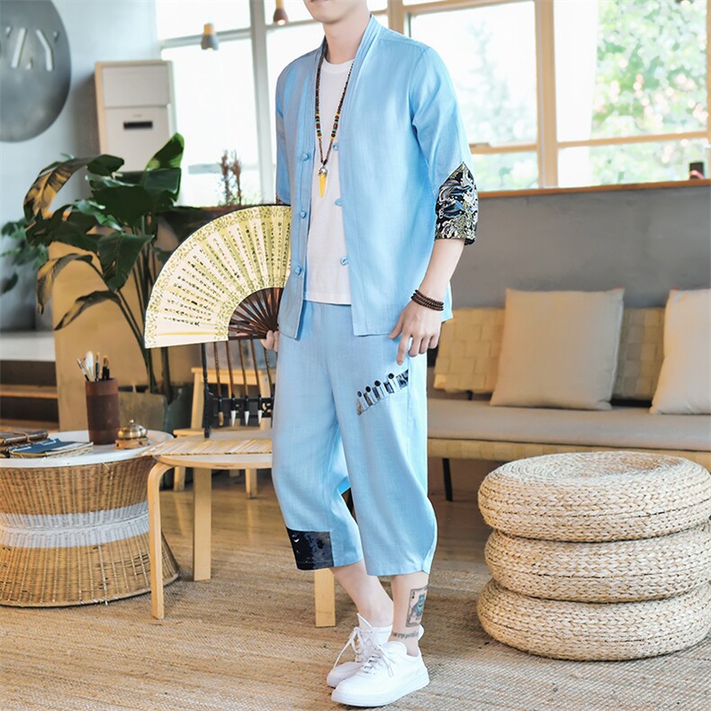 夏季亚麻套装开衫风男装盘扣T恤裤子两件套A266-1-TZ4059-P75,男装休闲套装,电商A266-1