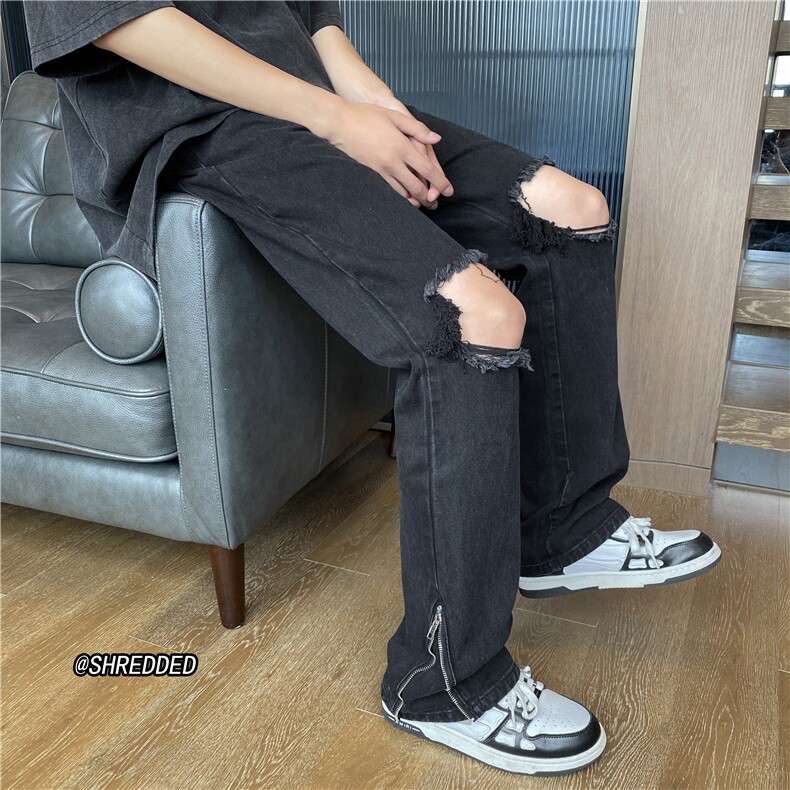 高街夏季新款破洞牛仔裤裤脚拉链微喇拖地裤B315-K23275-p65控78,男装牛仔裤,电商B315