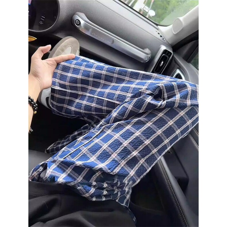 美式高街潮牌男女泡泡格子休闲裤直筒宽松慵懒显瘦阔腿休闲长裤子,男装休闲裤,电商A486