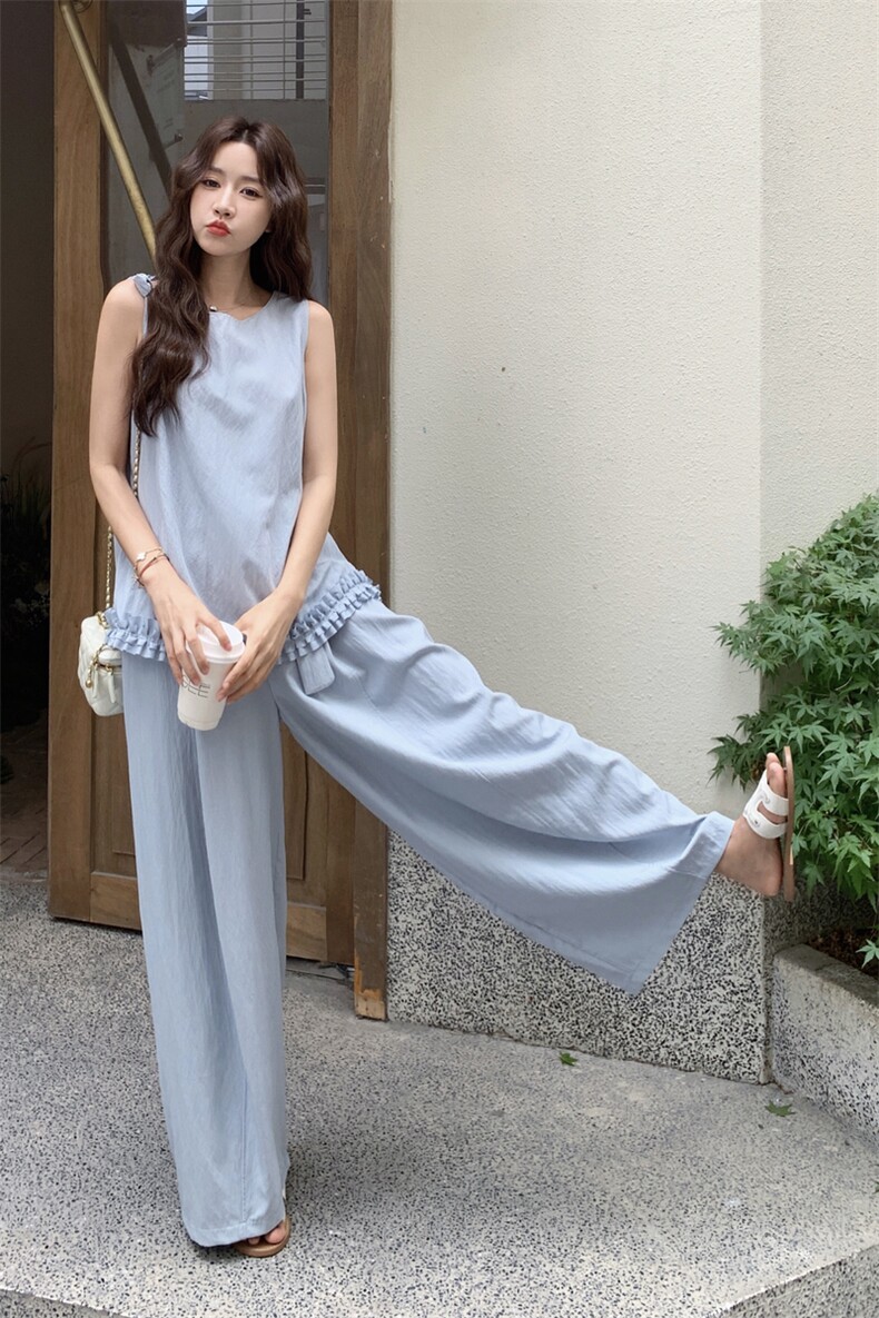 浅蓝色木耳边背心上衣套装女2025夏季新款巨好看花苞半身裙两件套,女装套装/套裙,2C093