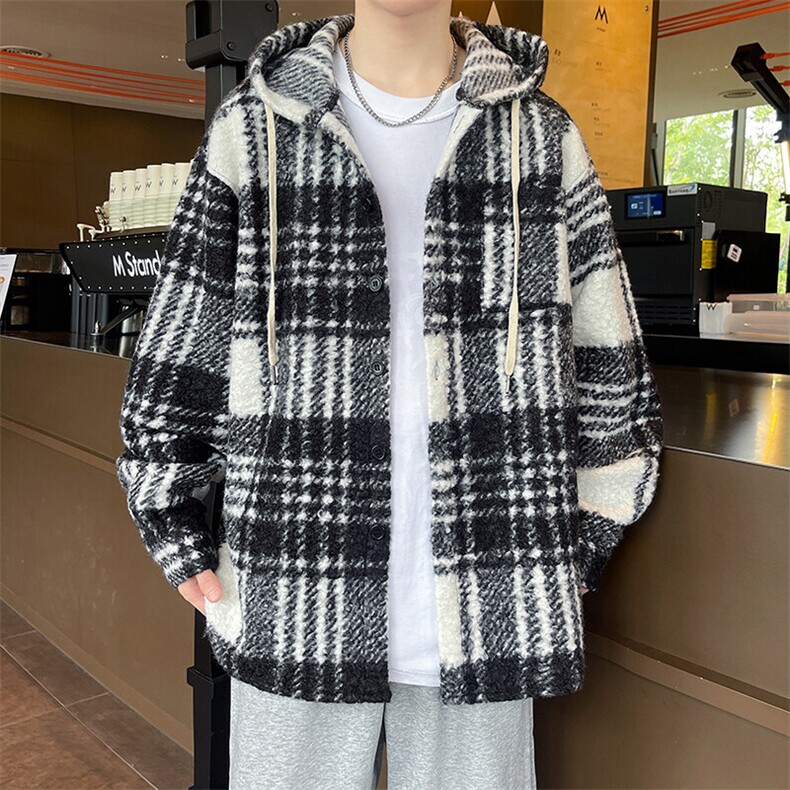 春装新款连帽夹克格子长袖衬衫男潮上衣百搭外套5740P60,男装夹克,电商A056