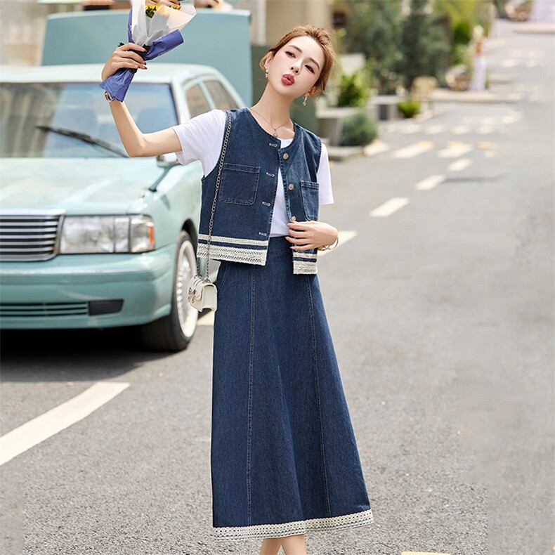 时尚蕾丝拼接牛仔马甲套装女2025年夏季新款洋气减龄半裙三件套,女装套装/套裙,贵人树