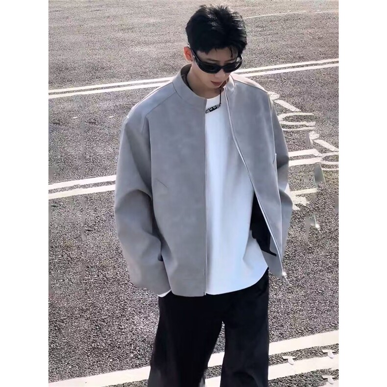 飞行夹克立领拼接美式高街短款棒球服男春秋潮牌pu皮外套,男装夹克,星座1210-1