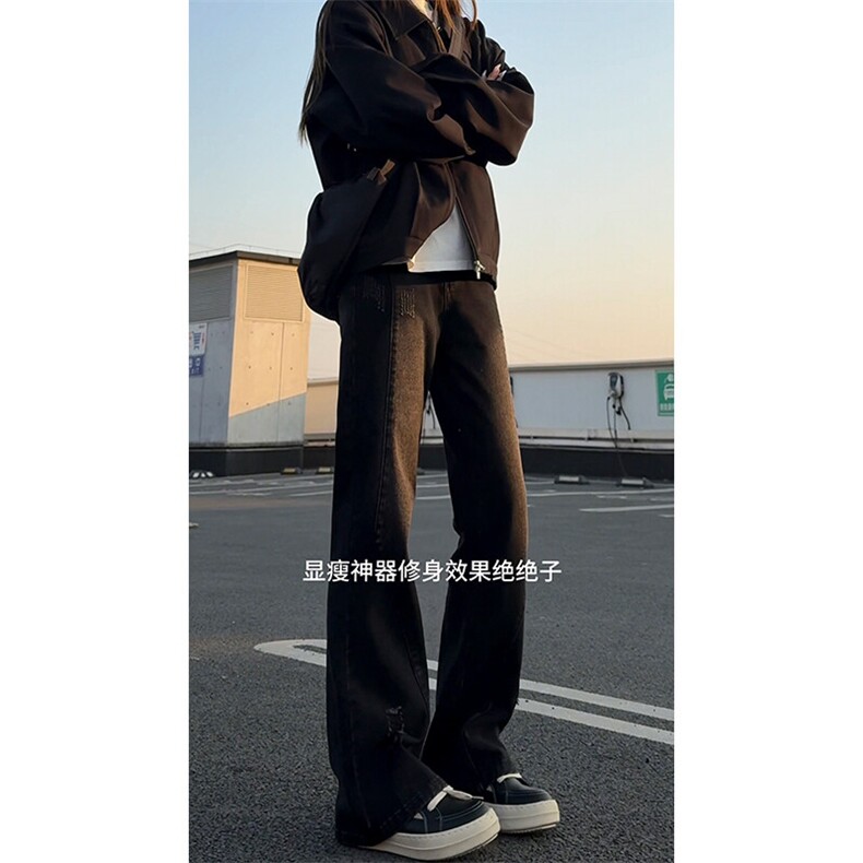 美式破洞弯刀牛仔裤男款高腰提档微喇直筒裤cleanfit修身显瘦裤子，男装牛仔裤，电商A102