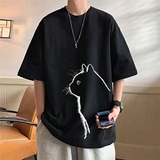 T702P26新品猫咪图案纯棉重磅T恤酒红色宽松日系美式港风，男装T恤，星座304A