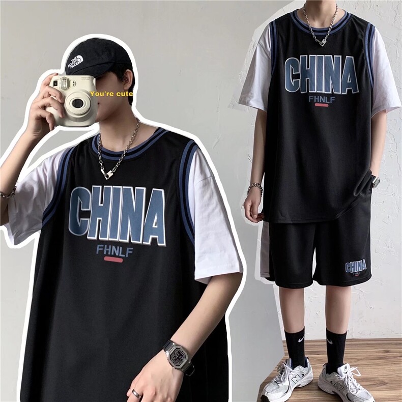 运动休闲套装男假两件t恤短裤ins潮流篮球服夏学院风班服TZ03-p36,男装牛仔裤,星座1008-2