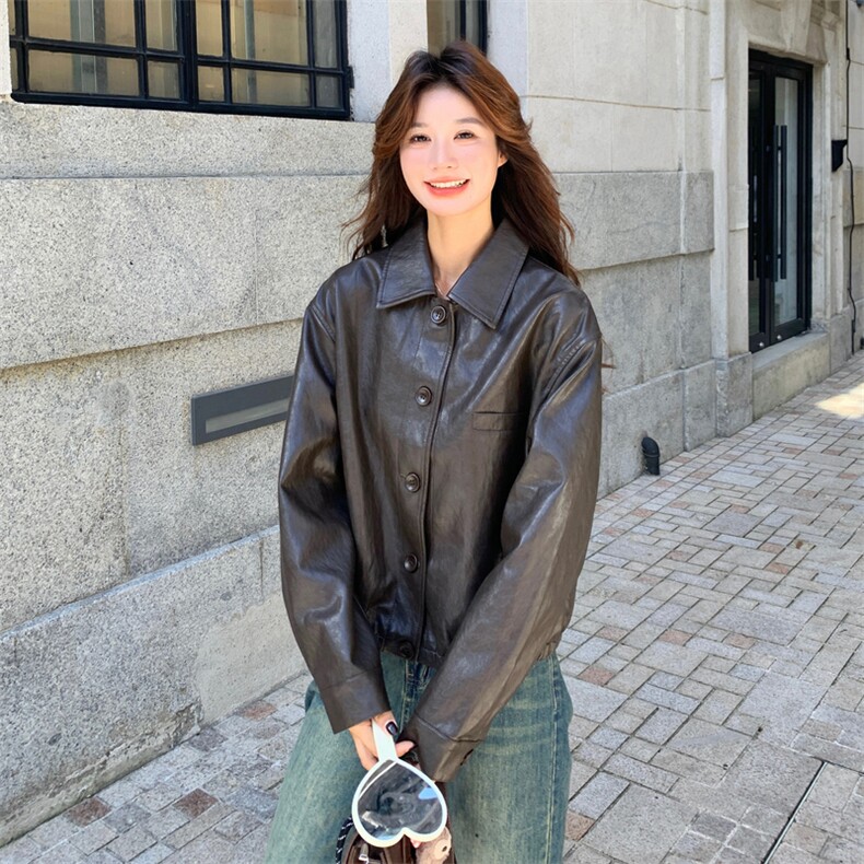 港风复古咖色翻领皮衣外套女春秋2025新款小个子PU夹克机车服爆款,女装短外套,2C087