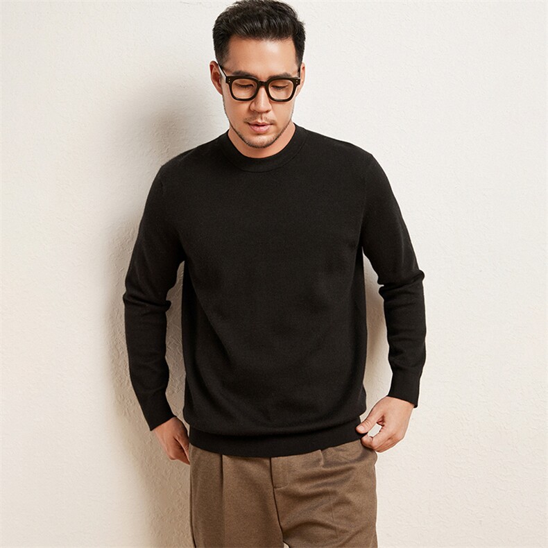 男士高端羊绒圆领毛衣加厚保暖精纺舒适时尚百搭黑色长袖针织衫男装，男装羊绒套衫，绒歆坊