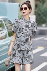 新中式国风提花套装女2025春夏新款小个子时尚短袖上衣短裤两件套，女装套装/套裙，欣贝拉
