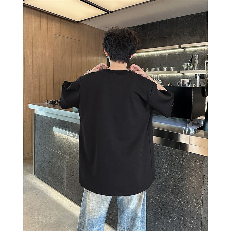 夏季薄款垫肩圆领短袖T恤潮流宽松镂空设计休闲百搭上衣,男装T恤,星座410-7