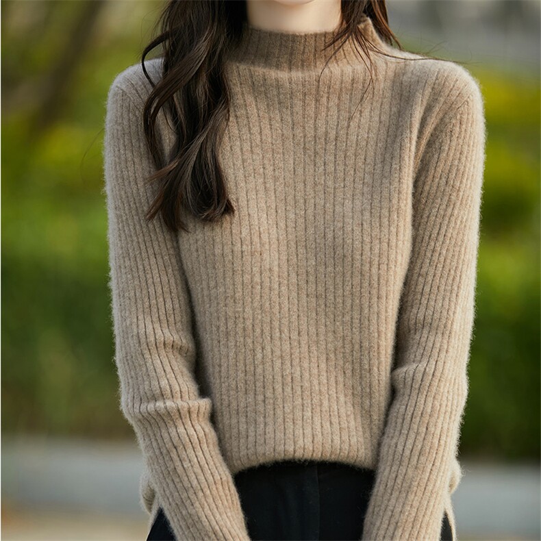 半高领坑条100%纯羊毛衫女24秋冬长袖针织上衣宽松羊绒衫打底毛衣,女装羊毛衫,越洋羊