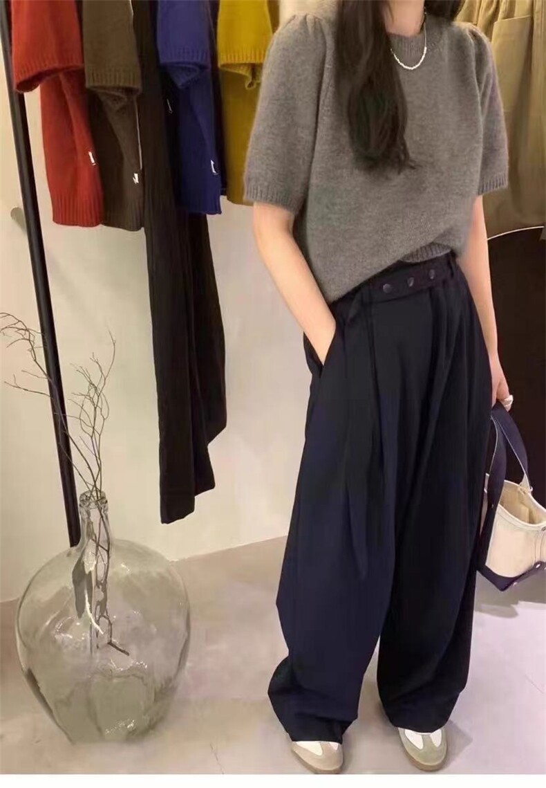 新款圆领休闲针织开衫女夏季宽松高级感显瘦短袖t恤,针织衫/毛衣,春贝羊绒