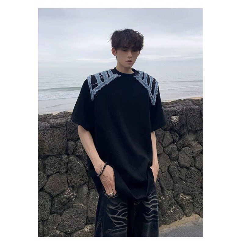 W9983-P45网图现货网红拼接牛仔五分袖T恤夏季潮流圆领短袖,男装T恤,星座1608-2