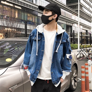 男式牛仔假两件破洞牛仔外套休闲个性潮流连帽夹克J图片