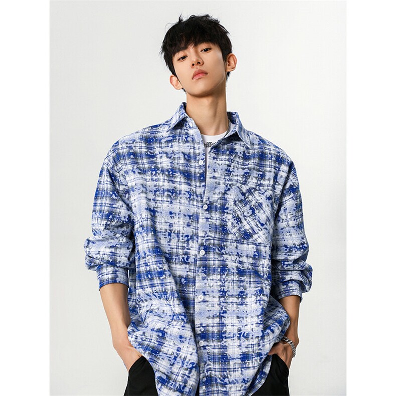 春季格子衬衫C5371-TP5578美式复古扎染男长袖外套蓝色高级感，男装衬衫，电商A102